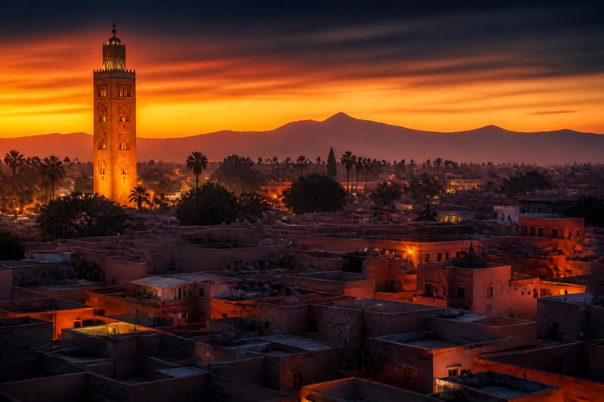 Marrakech rooftops at dusk with the Atlas mountains
